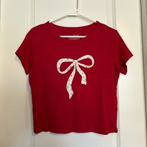 Red Cropped Social Scene Bow Short Sleeve T-Shirt - Size XL